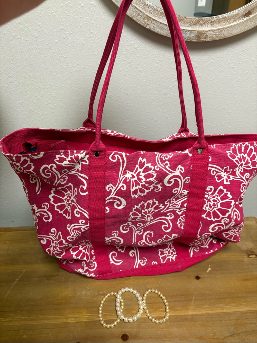 Merona Hot Pink Floral Canvas Tote Bag with Shoulder Straps